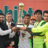 Minister for Home and Tribal Affairs Government of Balochistan Mir Sarfaraz Ahmed Bugti presents the winning trophy of PPL Balochistan Football Cup 2018 to Dukki skippers at Sadiq Shaheed Football Stadium (Malibagh) on March 30
