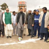 Minister for Home and Tribal Affairs Government of Balochistan Mir Sarfaraz Ahmed Bugti inaugurates the Final round of PPL Balochistan Football Cup 2018 with MD and CEO Syed Wamiq Bokhari (third left) on February 28