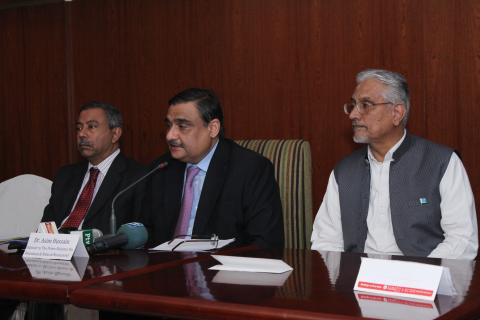 Advisor to Prime Minister Dr Asim Hussain addresses the press conference at the inauguration of the Stress Field Detection technology by Pakistan Petroleum Limited in Karachi at a local hotel. MD and CEO Pakistan Petroleum Limited Asim Murtaza Khan (1st left) and Secretary Ministry of Petroleum and Natural Resources Dr Waqar Masood Khan (1st right) were also present on the occasion