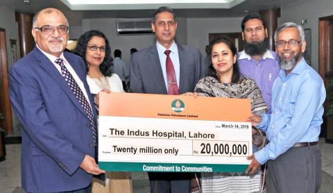 MD and CEO Pakistan Petroleum Limited (PPL) Syed Wamiq Bokhari (first left) presents the donation cheque to Executive Director Medical Services Indus Health Network Dr. Muhammad Shamvil Ashraf and Senior Manager Administration Sheikh Saeed Memorial Campus Indus Hospital (IH) Dr. Farah Bari (first and second right) for construction and setting-up of a PPL ward at IH Punjab in the presence of representatives from both organizations at PPL head office on March 14 2018