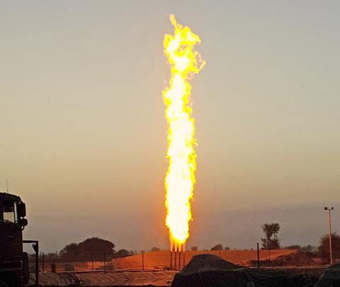Gas flare at exploratory well Hatim X-1 Gambat South block operated by Pakistan Petroleum Limited