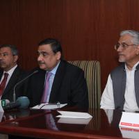 Advisor to Prime Minister Dr Asim Hussain addresses the press conference at the inauguration of the Stress Field Detection technology by Pakistan Petroleum Limited in Karachi at a local hotel. MD and CEO Pakistan Petroleum Limited Asim Murtaza Khan (1st left) and Secretary Ministry of Petroleum and Natural Resources Dr Waqar Masood Khan (1st right) were also present on the occasion