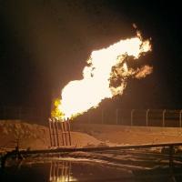 Gas flare at Benari X-1 (ST-2) Shah Bandar Block operated by Pakistan Petroleum Limited