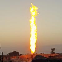Gas flare at exploratory well Hatim X-1 Gambat South block operated by Pakistan Petroleum Limited