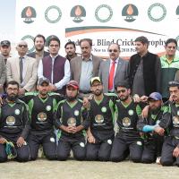 Chief Guest Special Assistant to Chief Minister Khyber Pakhtunkhwa on Science and Information Technology Kamran Khan Bangash  along with MD and CEO PPL Saeed Ullah Shah (standing seventh and ninth left) and other guests at the inauguration of 2nd Pakistan Petroleum Limited (PPL) Blind Cricket Championship 2018 at Arbab Niaz Cricket Stadium Peshawar on November 27  2018