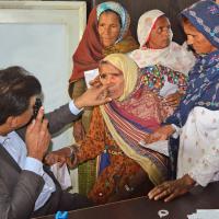 A local patient being examined by a doctor during a three-day eye camp organized by Pakistan Petroleum Limited at Taluka Headquarters Hospital Kandhkot District Kashmore Sindh